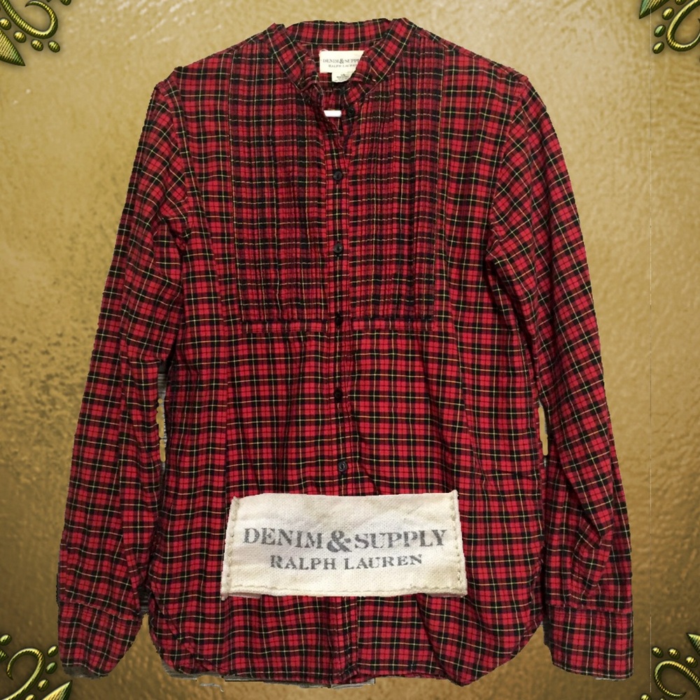 Ralph Lauren Shirt Mock Collar Pleated Button Red Black Yellow Plaid Cotton LG